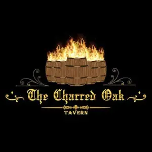 The Charred Oak Tavern logo, whiskey barrels with flames
