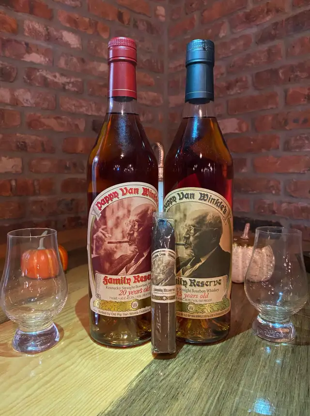 Rare bourbon bottles with tasting glasses